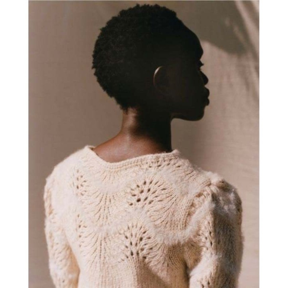 Merlette Ivory Pointelle Scalloped Chevron Knit Sweater Puff Sleeve Cream Boho - Picture 6 of 11